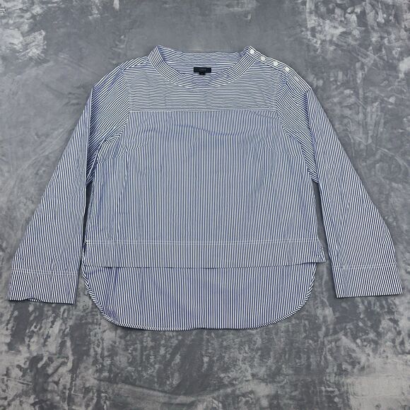 J Crew Top Womens 16 Funnelneck Striped Shirt Button Shoulder Blue White G9944 - Picture 1 of 9